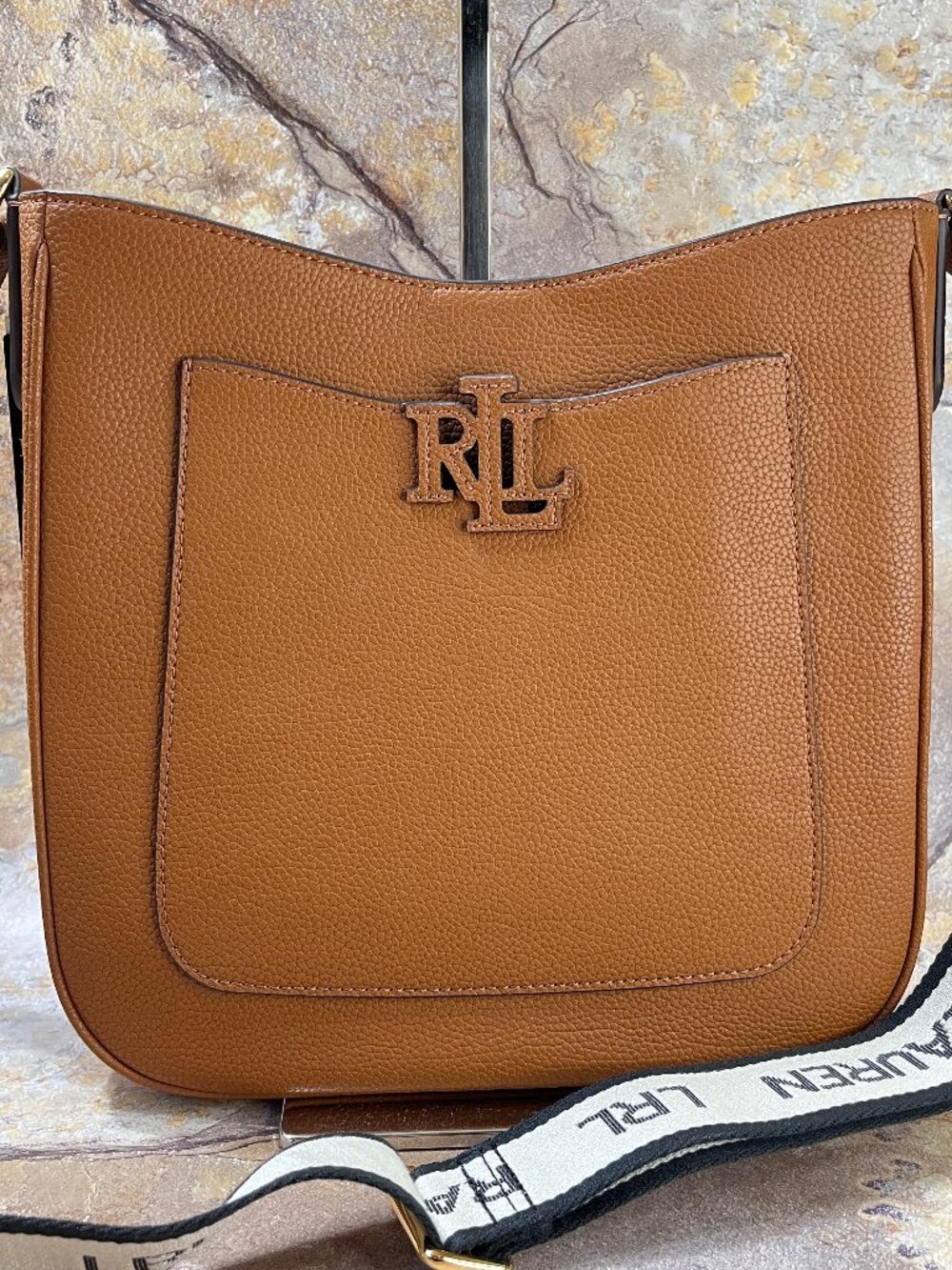 NWT Lauren Ralph Lauren Cameryn Pebbled Leather Crossbody Bag Lauren Tan